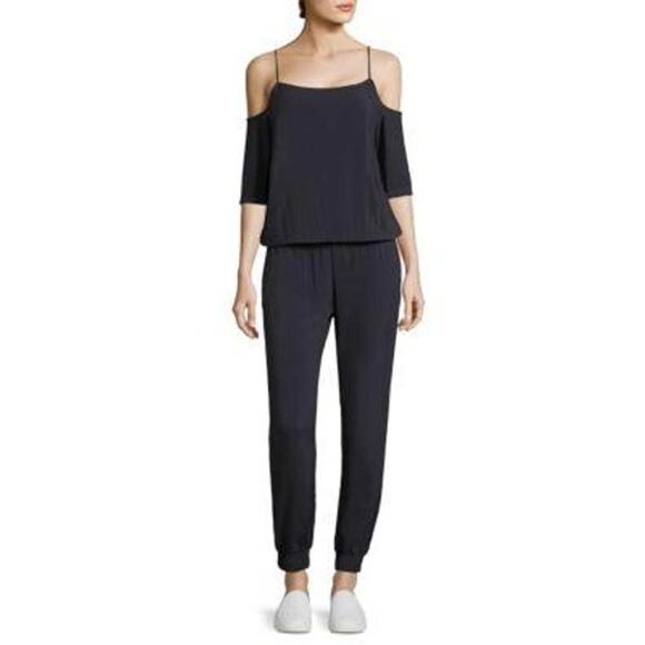 Monrow Revolve Black Cold Shoulder Rayon Sporty Casual Jumpsuit Size Small - Picture 1 of 9